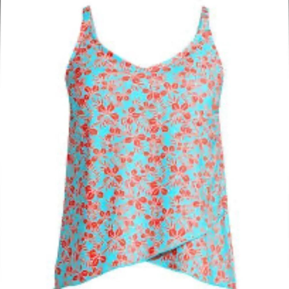 Land’s End tulip hem tankini top  bathing suit soft cup river mist fern floral S